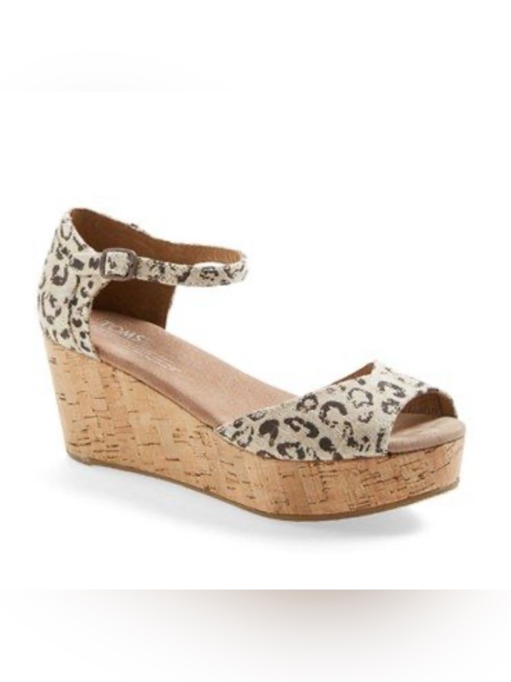 TOMS WOMENS PLATFORM CORK WEDGE SNOW LEOPARD PRINT BURLAP CANVAS SANDALS SIZE 8